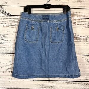 Vtg 90s Lizwear Skirt Womens 12 Blue Denim Jean Pockets Linen Blend Hot Mom Core